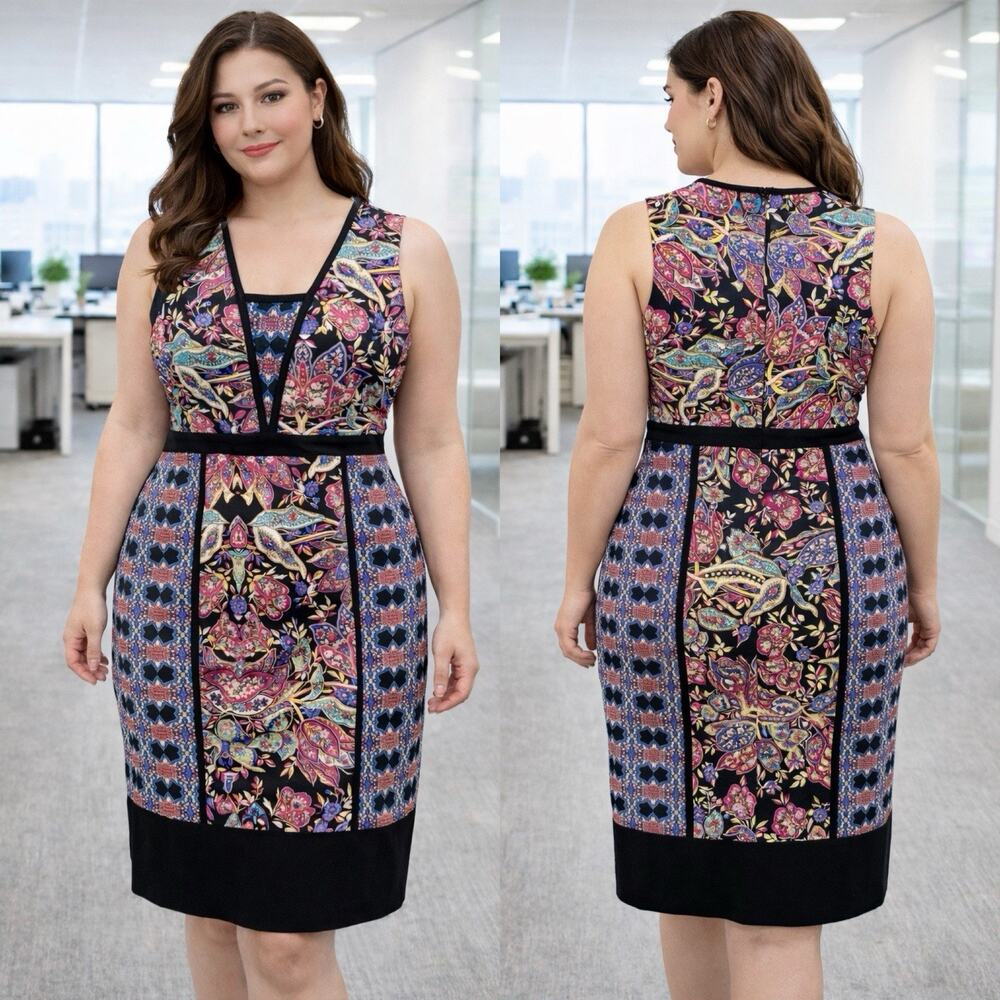 Nicole Miller Sheath Dress L Floral Paisley Sleeveless Career Statement Party